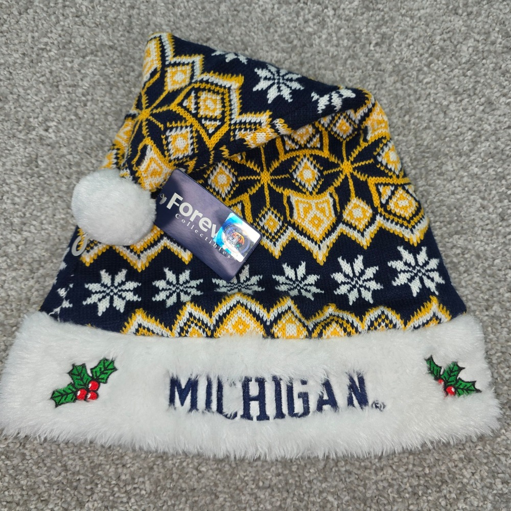 Michigan Wolverines NCAA Forever Collectibles Fair Isle Santa Hat Navy Gold NWT
